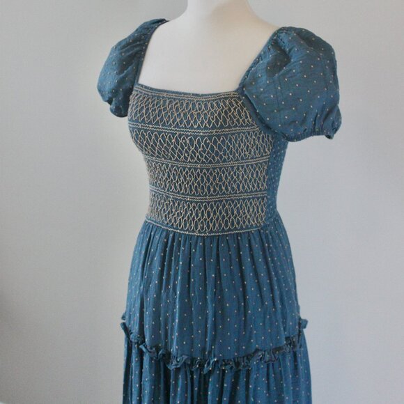 Moon River Teal Tan Smocked Square Neck Puff Sleeve Flowy Boho Midi Dress Small - Picture 2 of 7